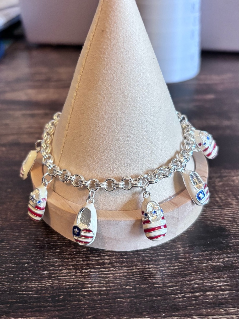 Silver Tone Charm Bracelet with Red, White & Blue Mini Shoe Charms